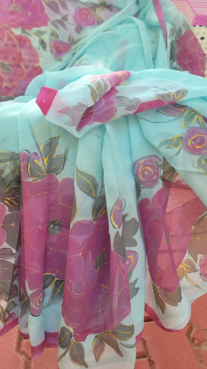 Hasti handpainted floral blue chiffon saree