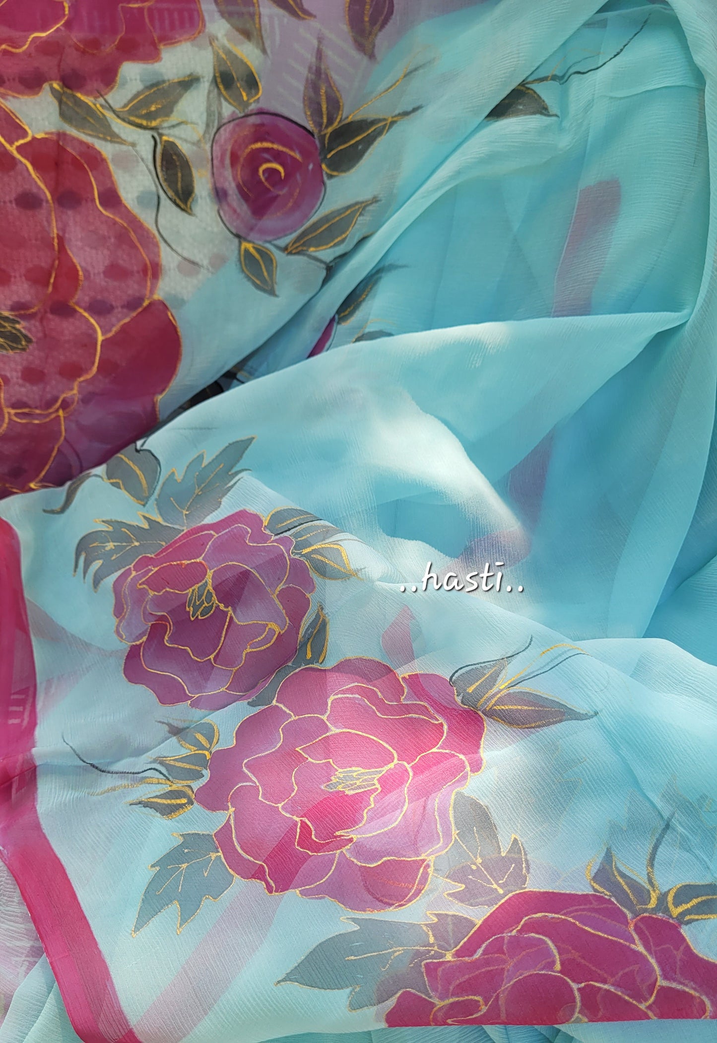 Hasti handpainted floral blue chiffon saree
