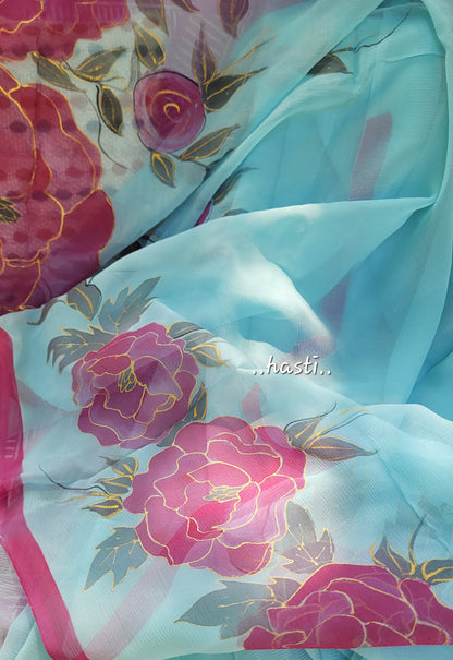 Hasti handpainted floral blue chiffon saree