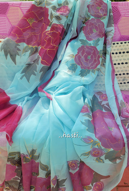 Hasti handpainted floral blue chiffon saree