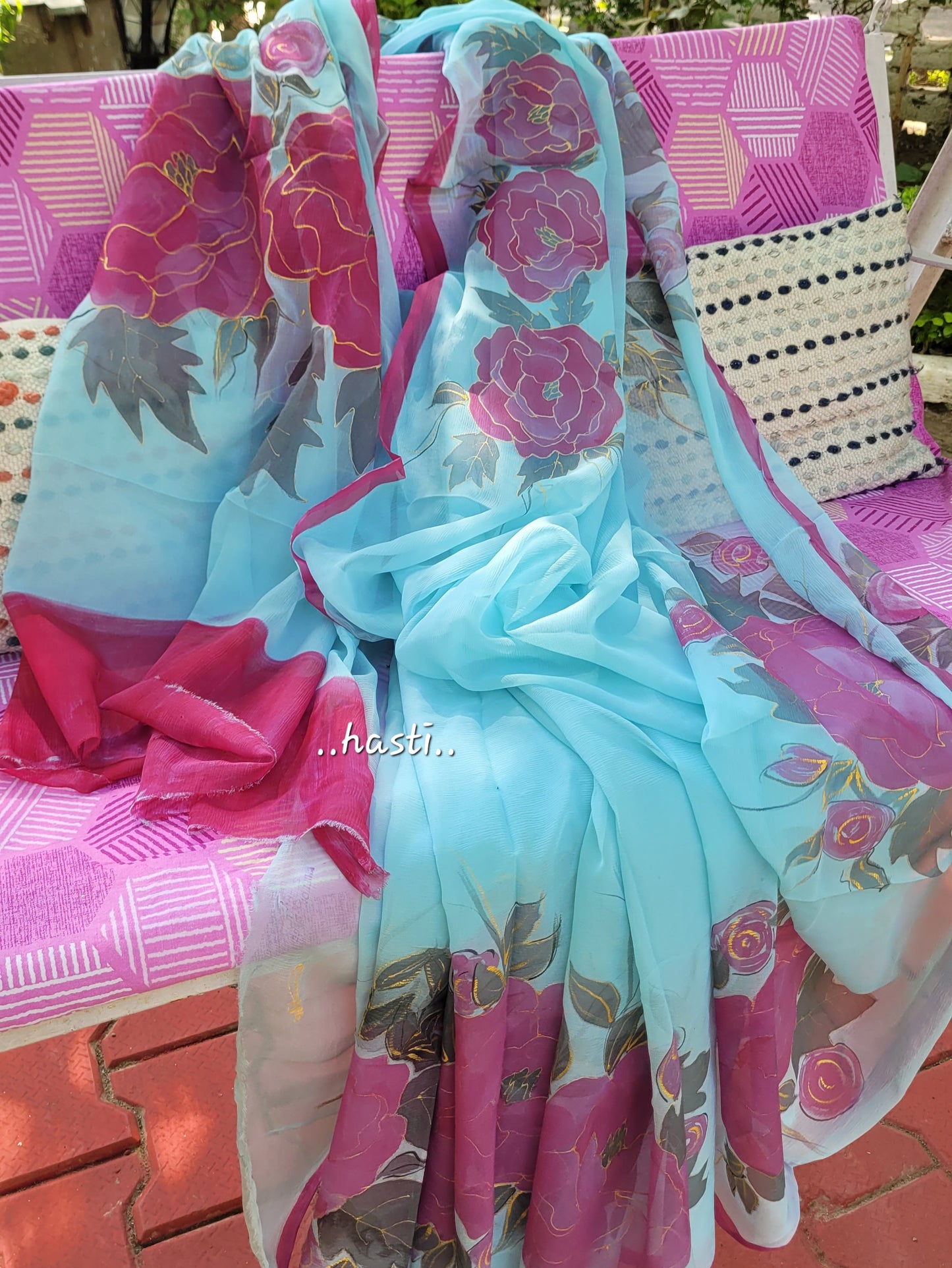 Hasti handpainted floral blue chiffon saree