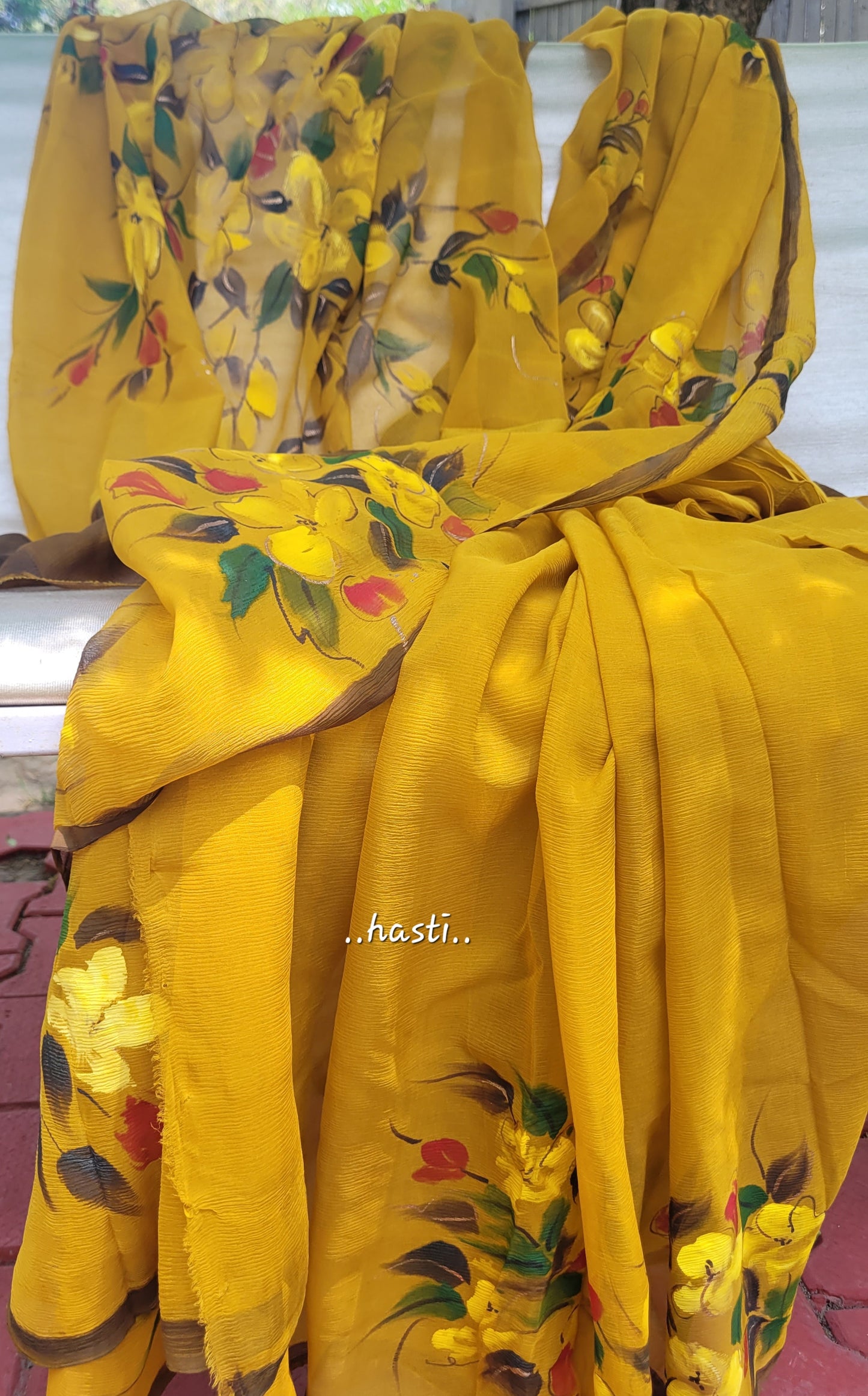 Hasti handpainted floral blue chiffon saree