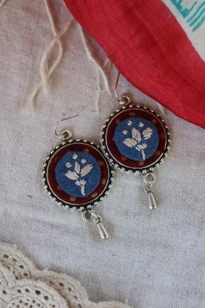 Ajrakh-Denim hand Embroidered Earrings