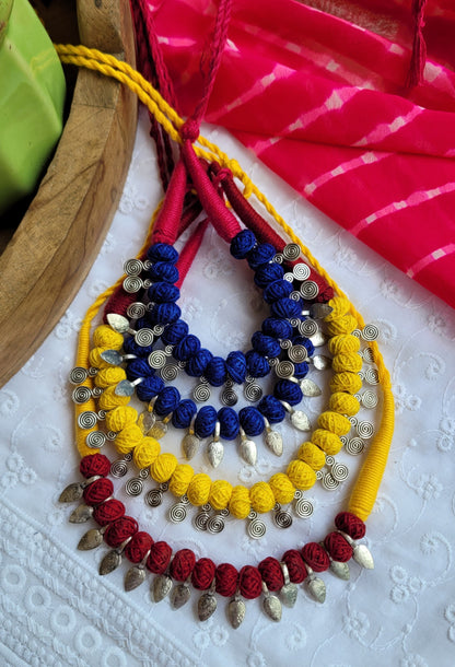 Colorful beaded necklace with red, yellow, and blue patterns 