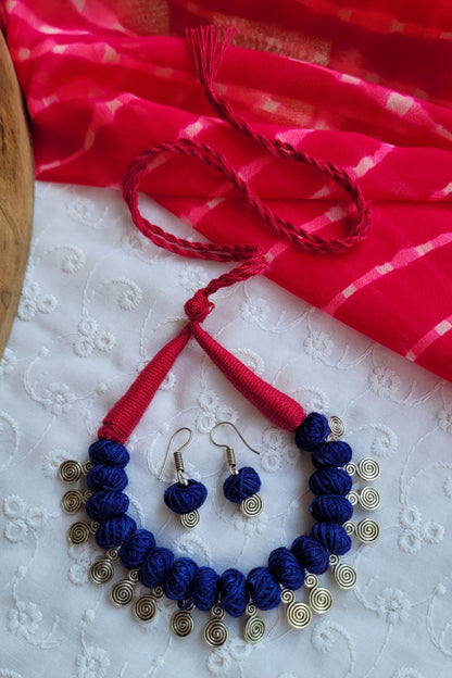 Navy blue beaded necklace and earrings set 