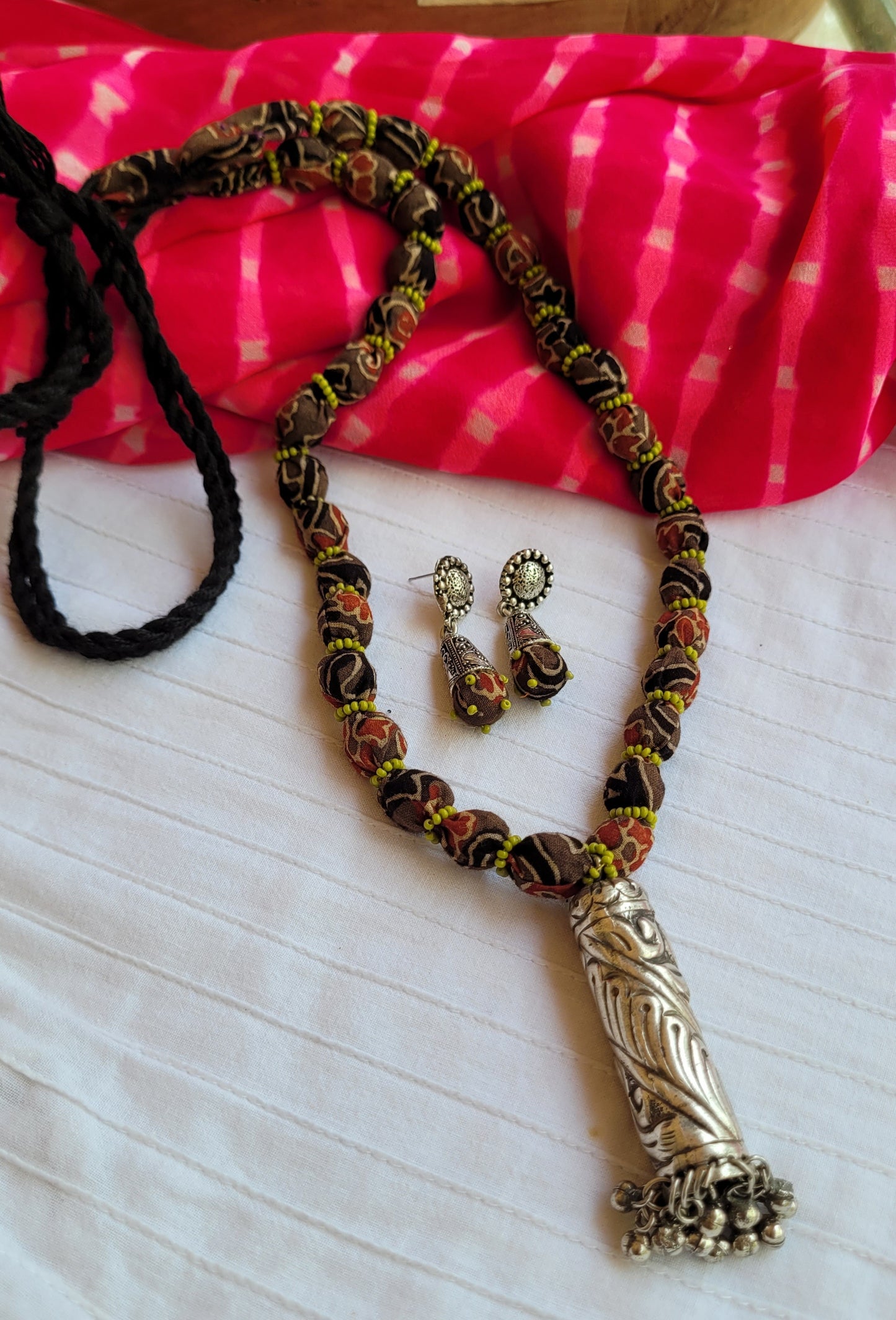 ajrakh fabric Necklace with seed bead decorative elements