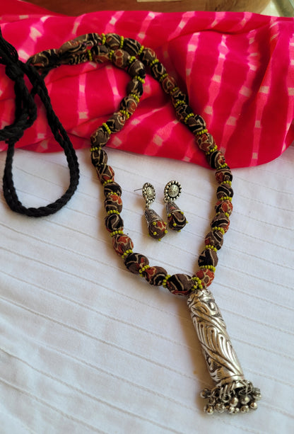 ajrakh fabric Necklace with seed bead decorative elements