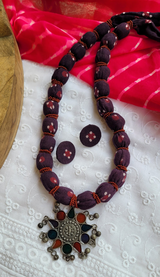 black ajrakh fabric necklace set