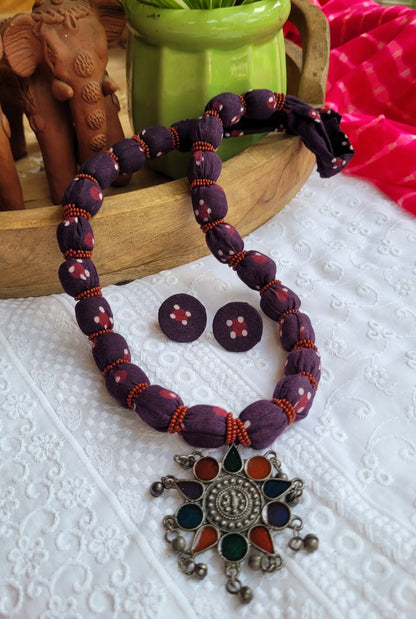 ajrakh beaded neckpiece and earrings