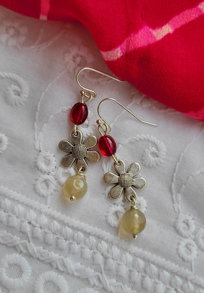 Flower-shaped earrings with red and yellow beads 