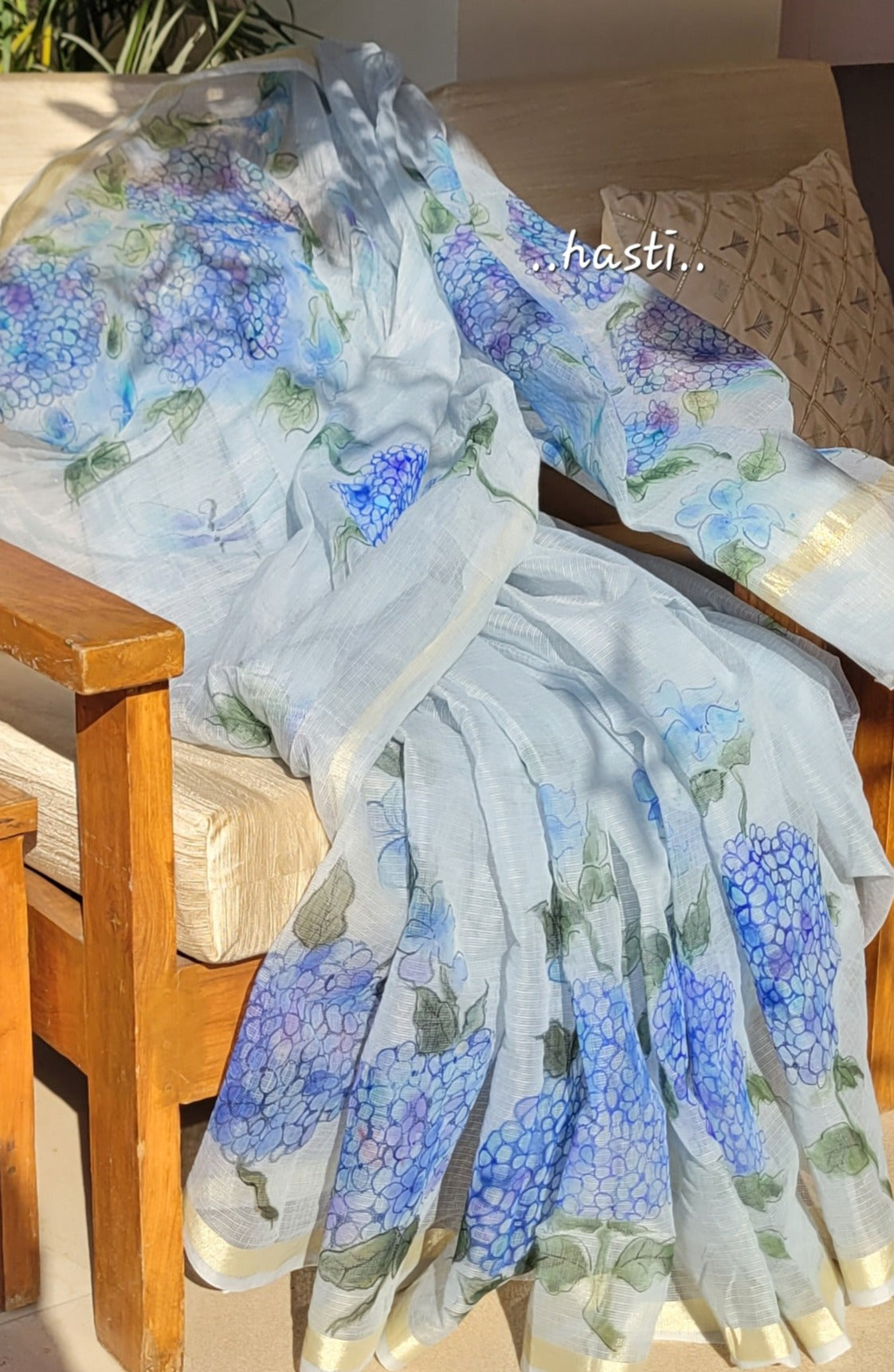 handpainted hydrangeas on a kota cotton saree