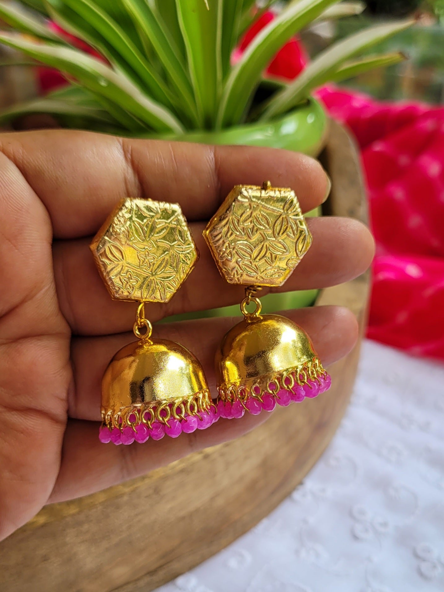 Pink and golden jhumki with stud