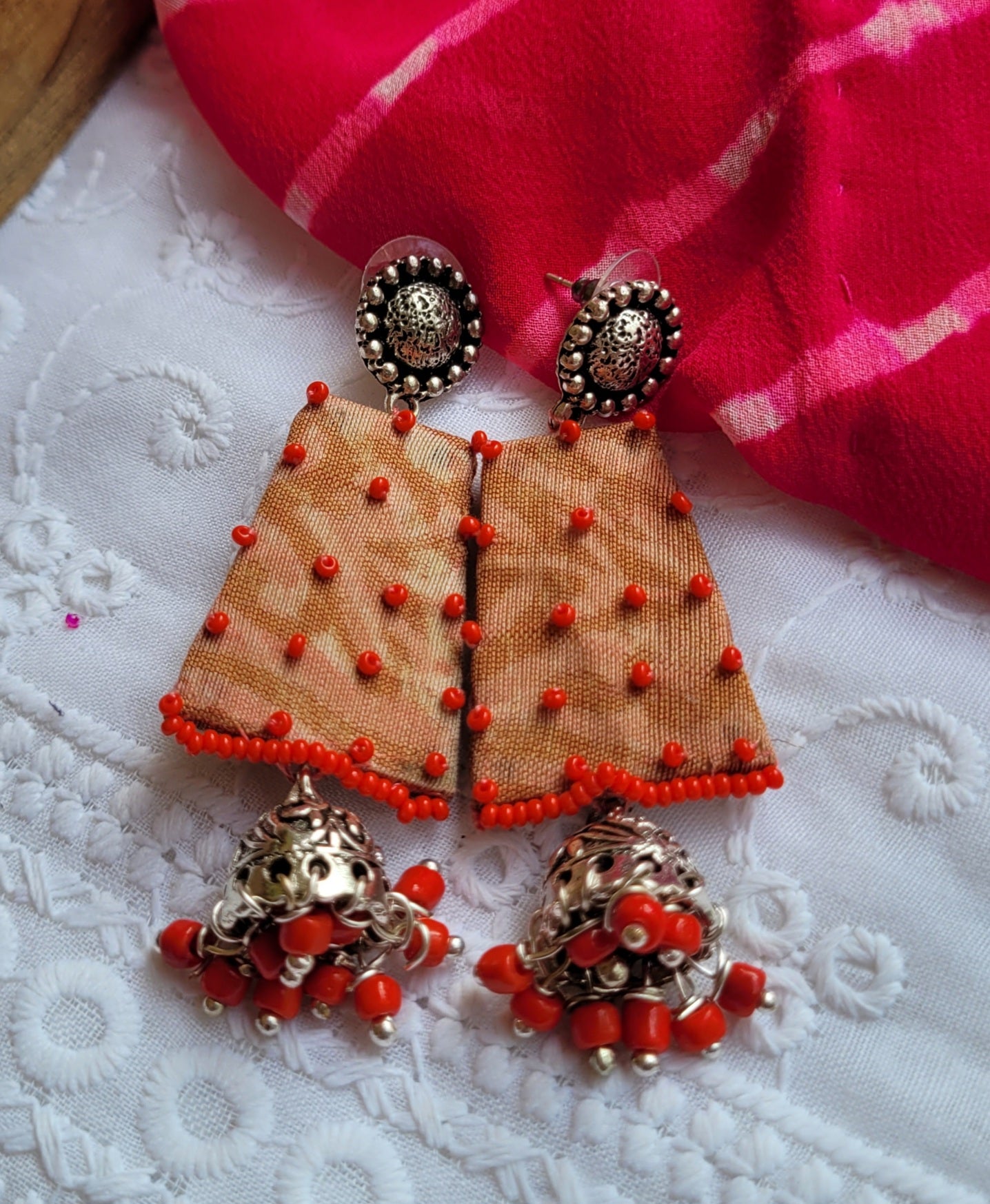 Red beads fabric jhumki with studs